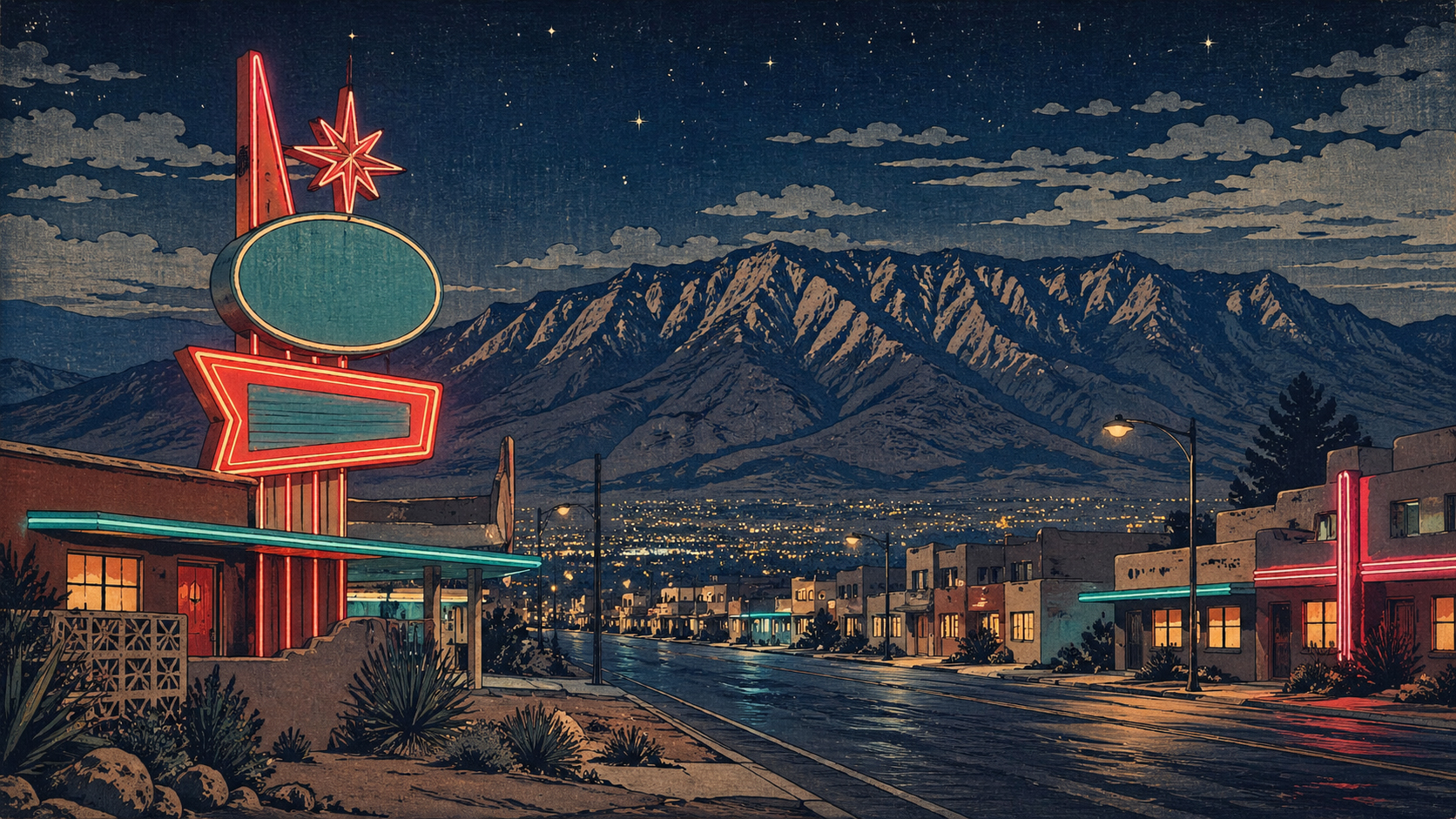 アルバカーキのルート66ネオンとサンディア山脈の夜景を描いた木版画風イメージ