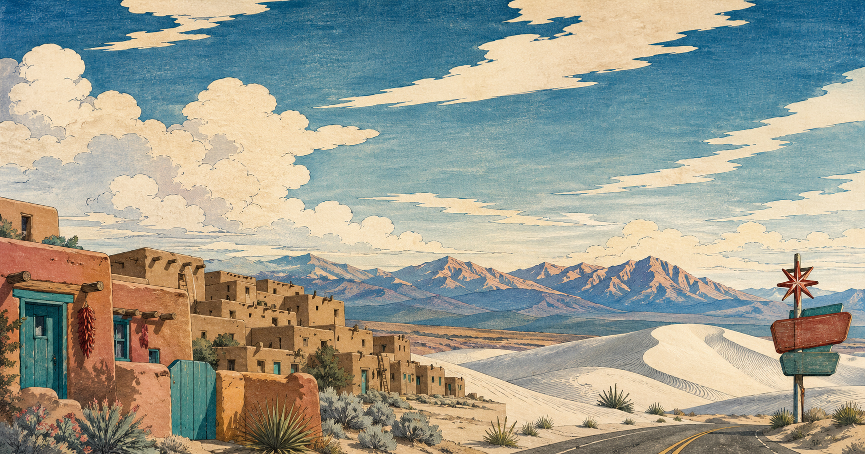 ニューメキシコの空、アドビ、ホワイトサンズ、タオス、ルート66を描いた木版画風イメージ