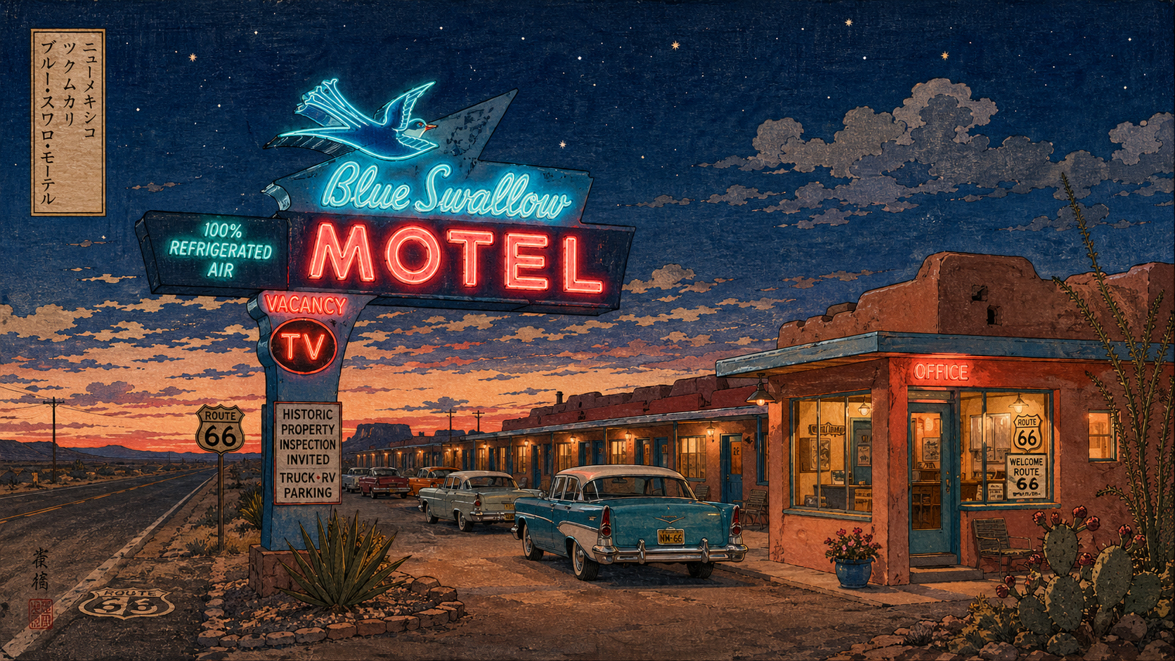 トゥクムカリのブルー・スワロー・モーテルとルート66ネオンを描いた木版画風イメージ