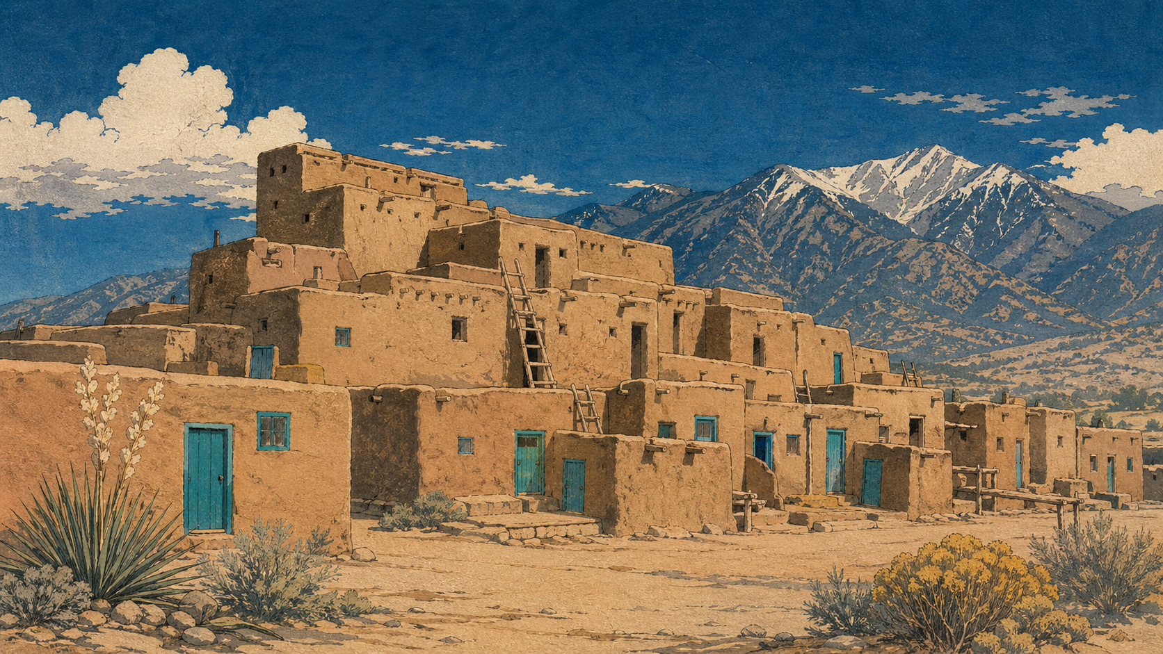 タオス・プエブロ、山、青空、聖なる土を描いた木版画風イメージ